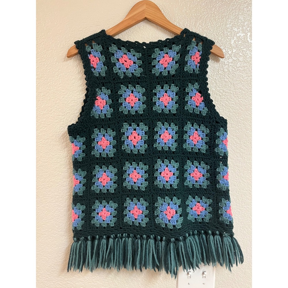 Handmade Crochet Granny Square Vest Fringe Hem Boho Sleeveless Top Green Pink